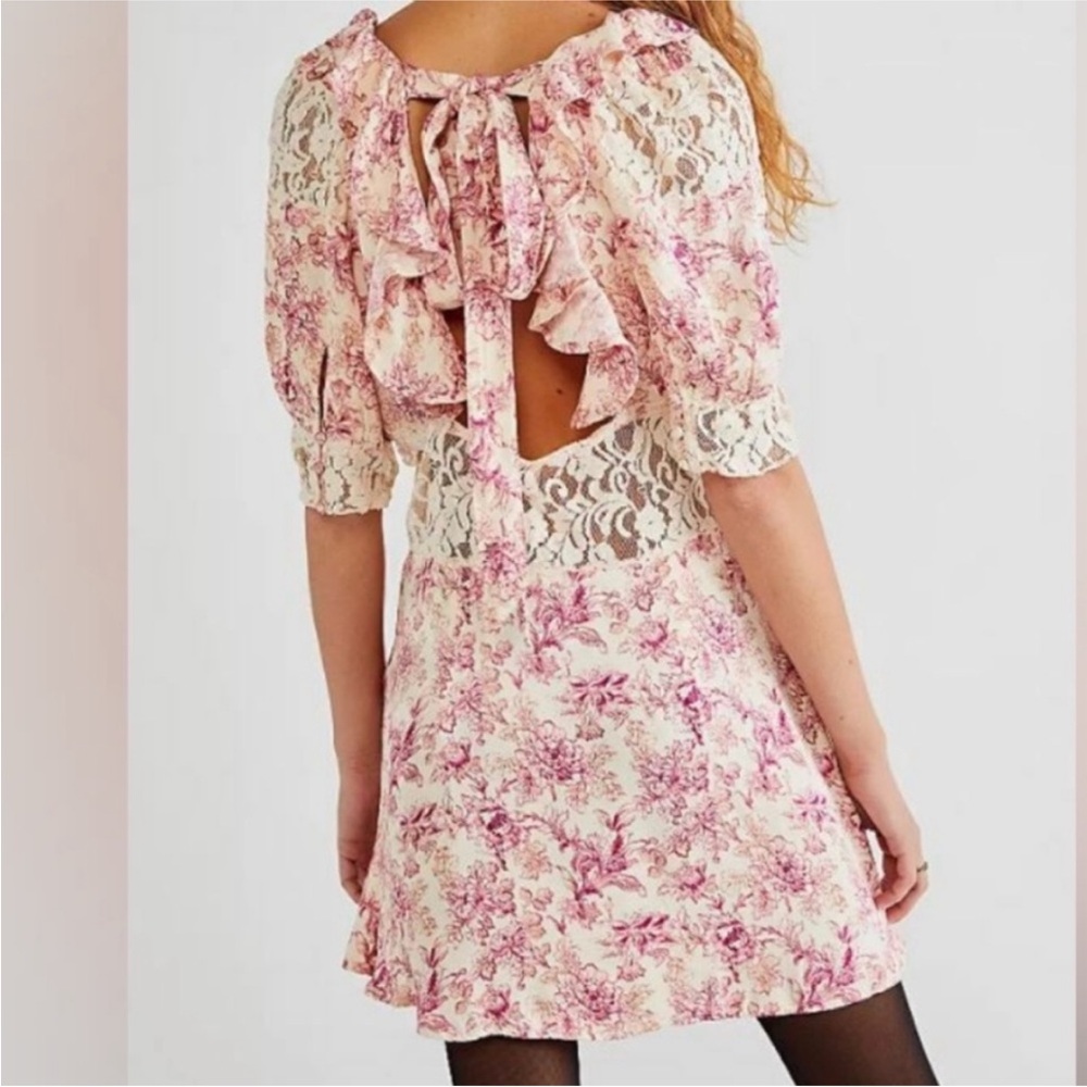 Free People Lucie Mini Dress Pink Cream Ethereal Coquette Lace Ruffles Floral
